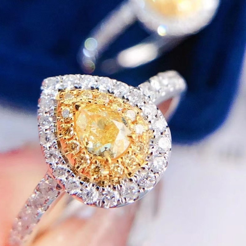 18K aur solid 0.65ct picătură de apă galben diamant piatră 1.9g inel de logodna pentru fată